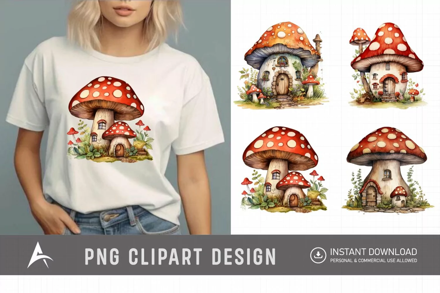 Retro Watercolor Mushroom House Clipart product image 1