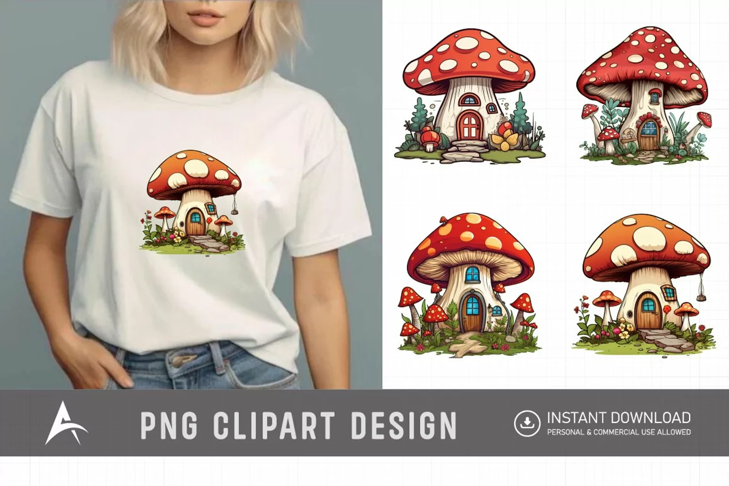 Retro Watercolor Mushroom House Clipart product image 1