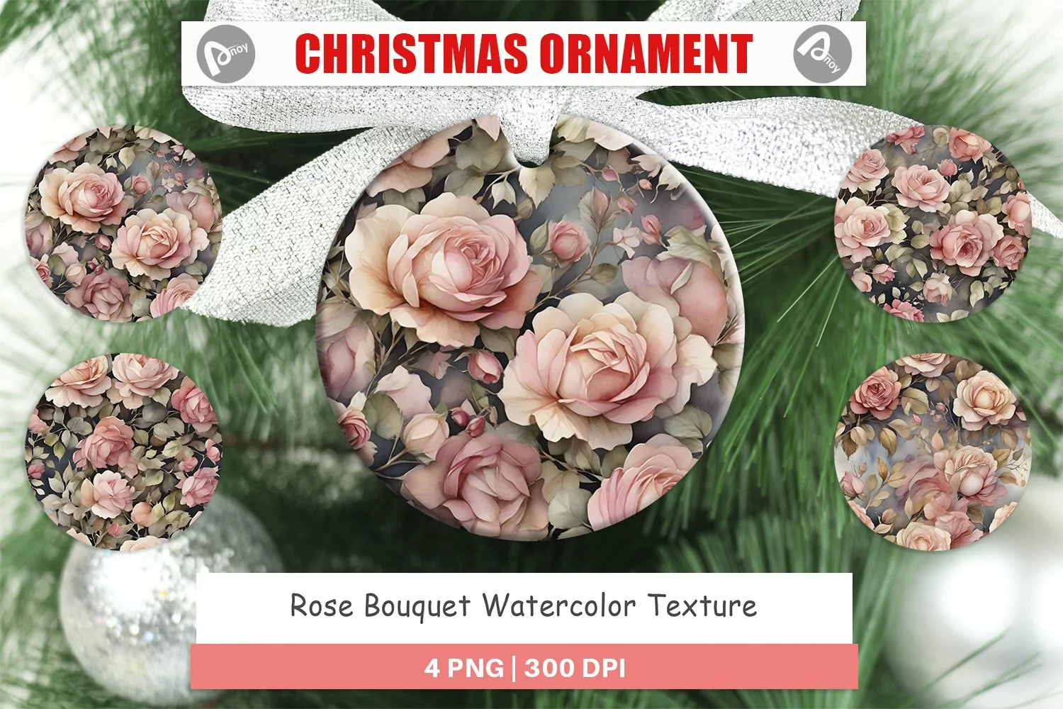 Christmas Ornaments Rose Watercolor Texture product image 1