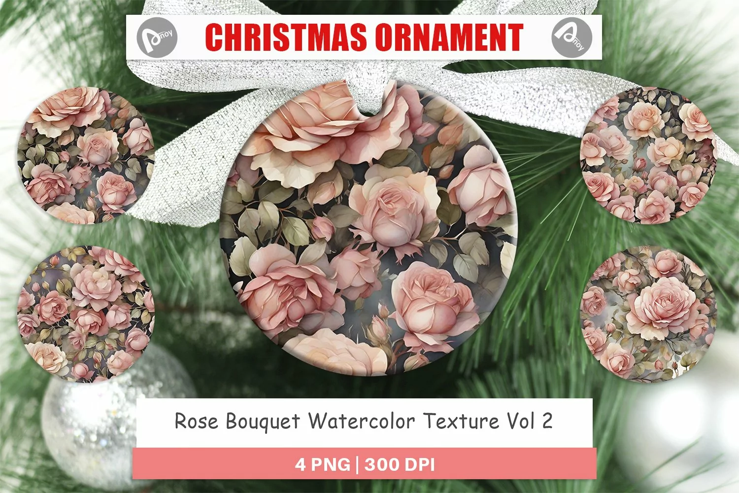 Christmas Ornaments Rose Watercolor Texture product image 1