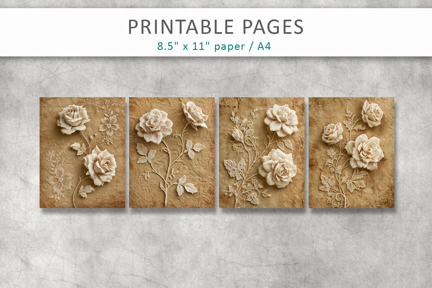 vintage lace rose junk journal pages, floral scrapbook paper product image 1