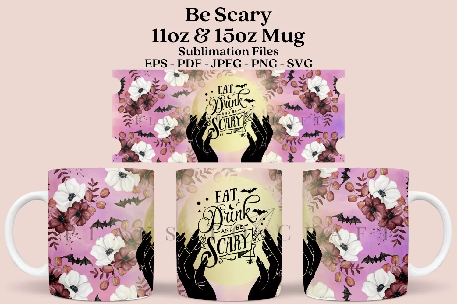 scary halloween pink purple pastel watercolor coffee mug sublimation wrap glass mug wrap svg presized for 11oz and 15oz glass mug are sublimation file