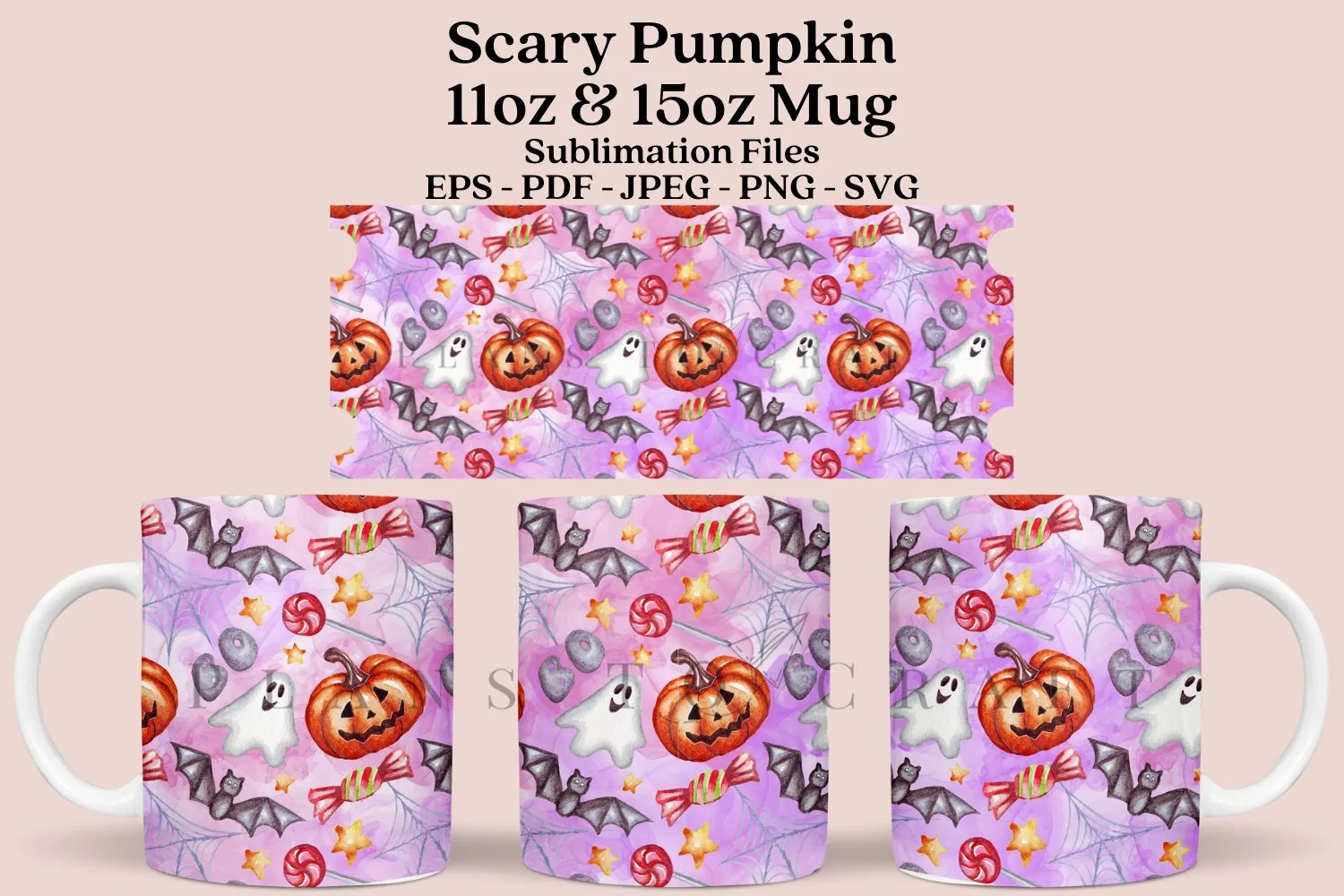 scary pumpkin pink purple watercolor halloween coffee mug sublimation wrap glass mug wrap svg presized for 11oz and 15oz glass mug are sublimation fil