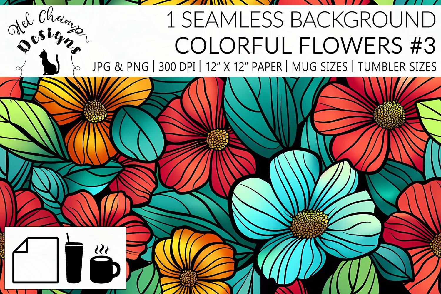 Seamless pattern spring colorful flowers red blue yellow scrapbooking sublimation mugs tumblers
