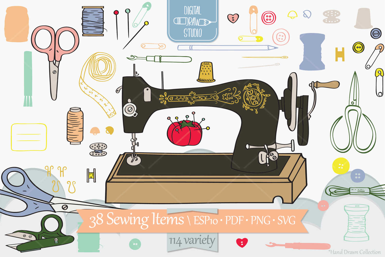 Color Sewing Doodles, Retro Singer Machine, Scissors, Button product image 1