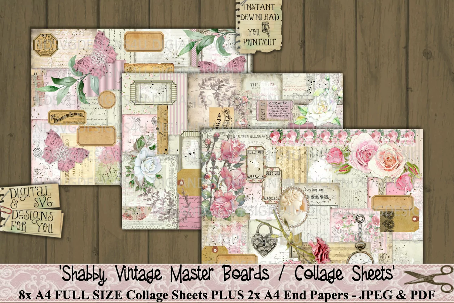 10 A4 Collage sheets, master boards in a vintage shabby theme. Use for junk journaling,scrapbooking, card making and other paper crafts.