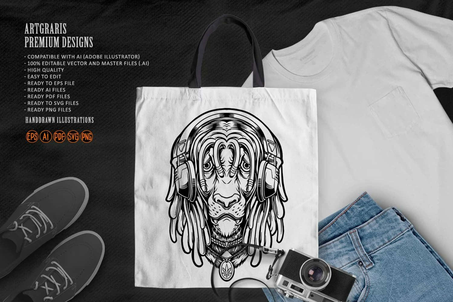 Lion listening music with smoking weed silhouette svg product image 1