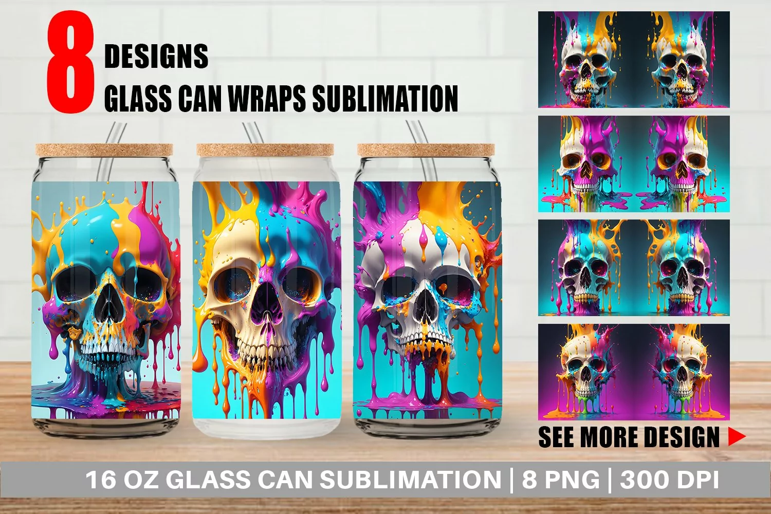 Skull Colorful Splash Glass Can Wraps product image 1