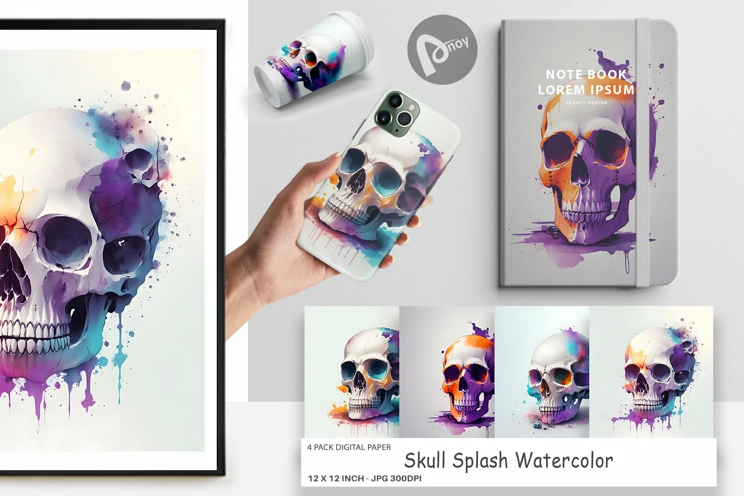 Skull Splash Watercolor | Digital Paper product image 1