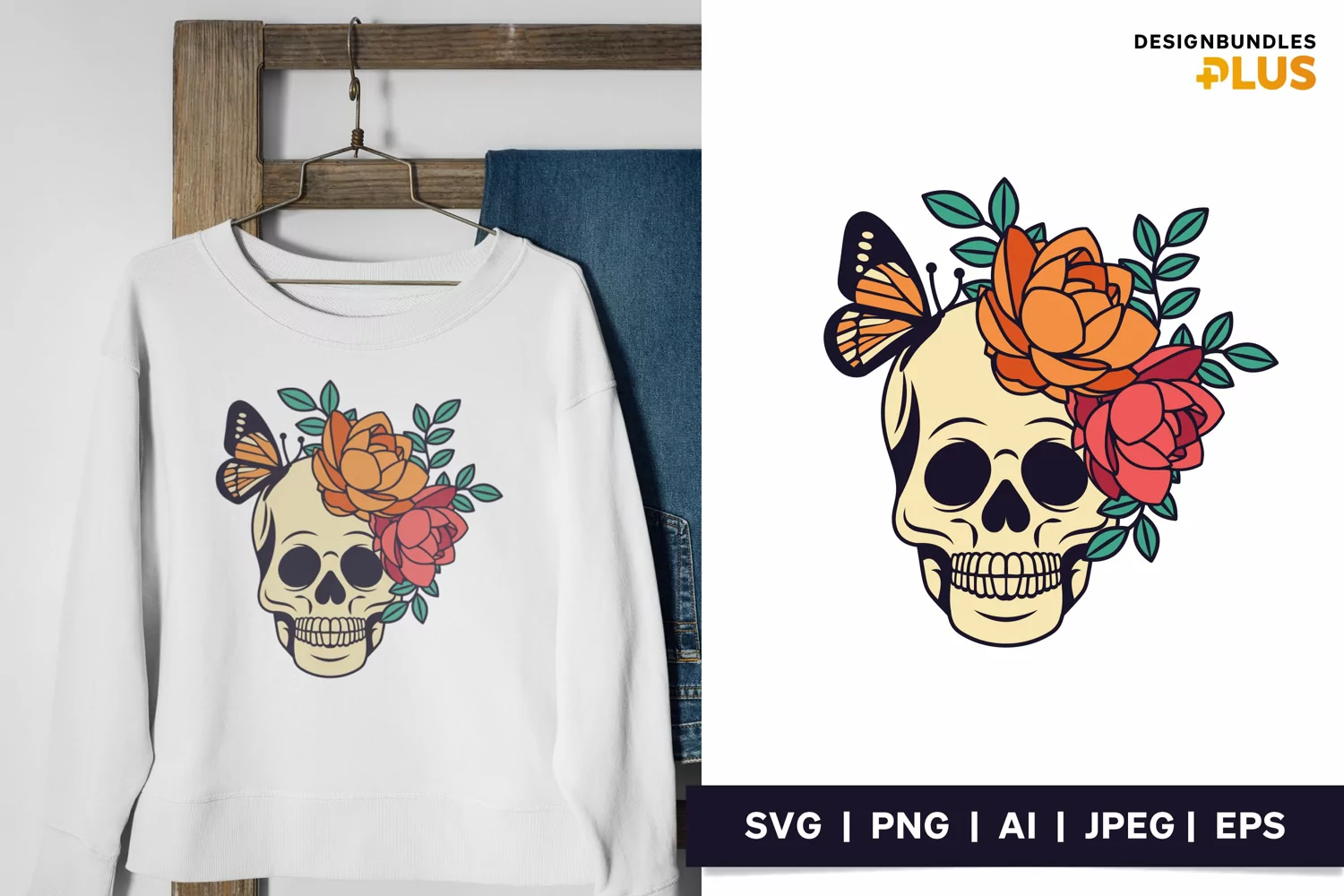Skull Head with Monarch Butterfly and Blooming Flowers PNG product image 1