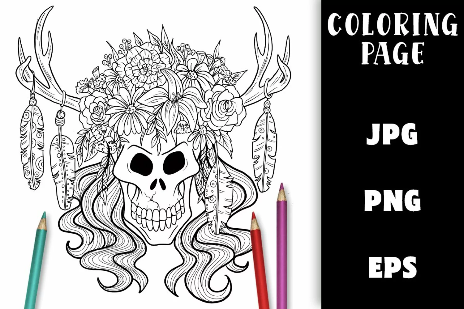 Skull and Flowers Coloring Page with Antlers product image 1