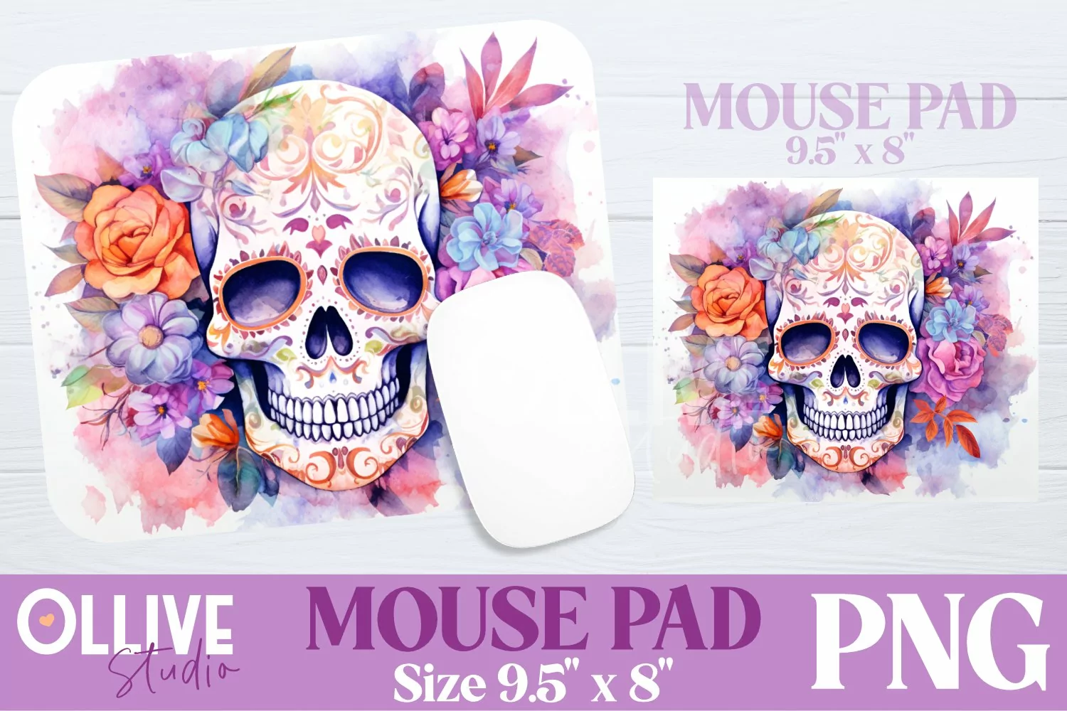 Skull Floral Watercolor Mouse Pad Sublimation PNG product image 1