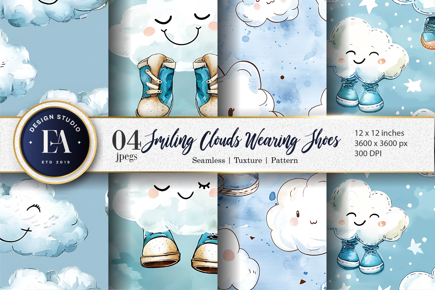 Clouds Wearing Shoes Watercolor Seamless Digital Paper product image 1