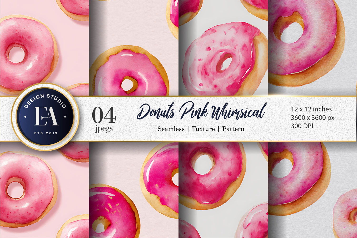 Watercolor Donuts with Pink Glaze Seamless Digital Paper product image 1