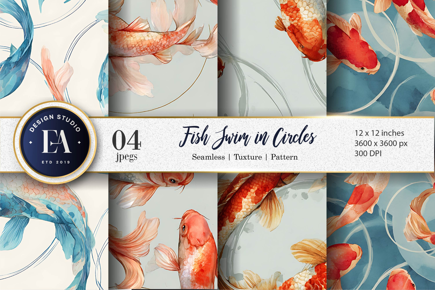 Koi Fish Circles Watercolor Soft Elegant Digital Paper product image 1
