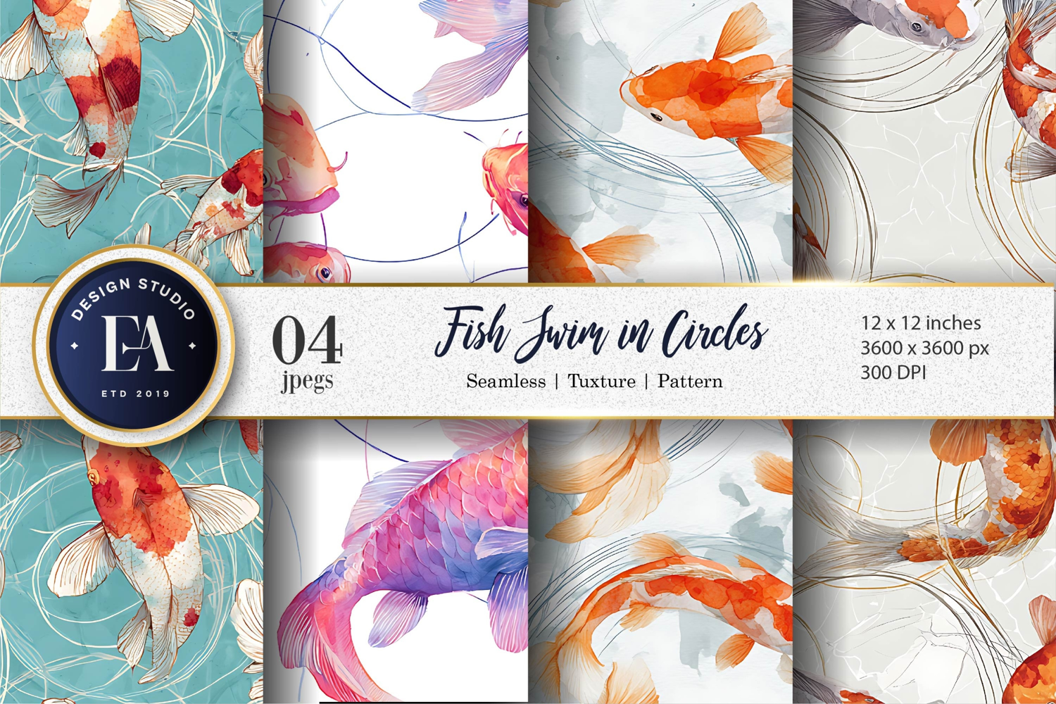 Soft Watercolor Koi Fish Circles Elegant Digital Paper product image 1