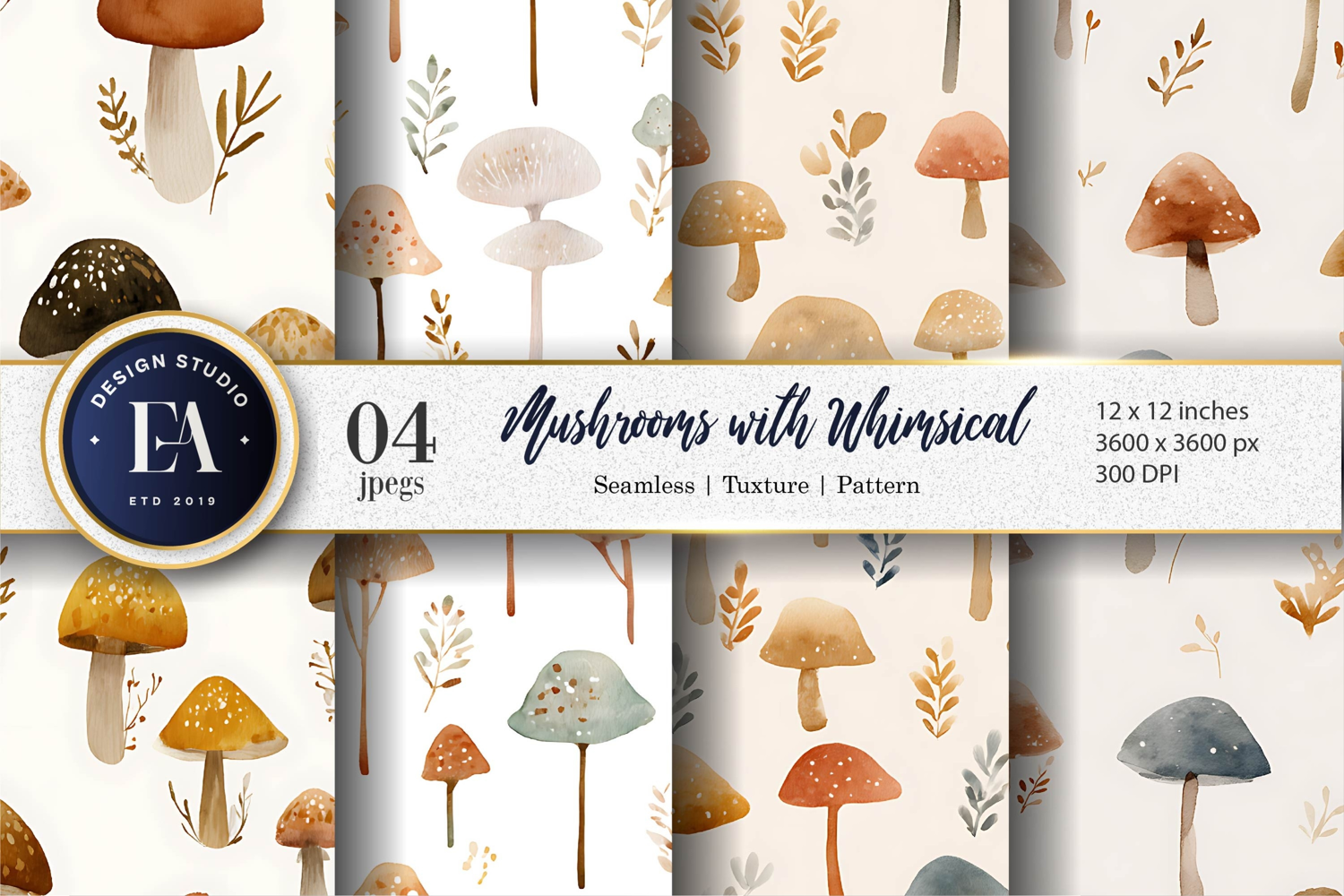Watercolor Mushroom Seamless Digital Pattern Digital Paper product image 1