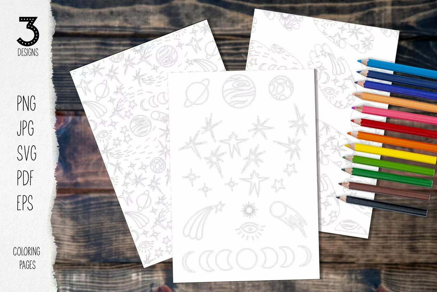 Space Coloring pages 3 designs comet, shooting star, planets product image 1