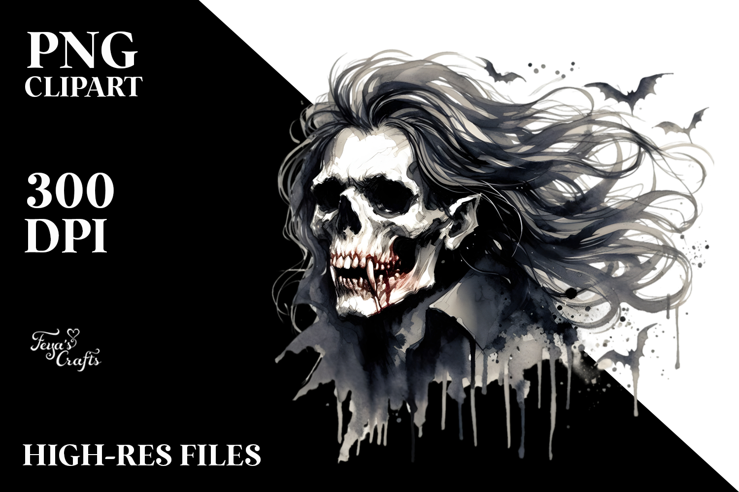Washed Watercolor Style Vampire Skull Superhero PNG product image 1