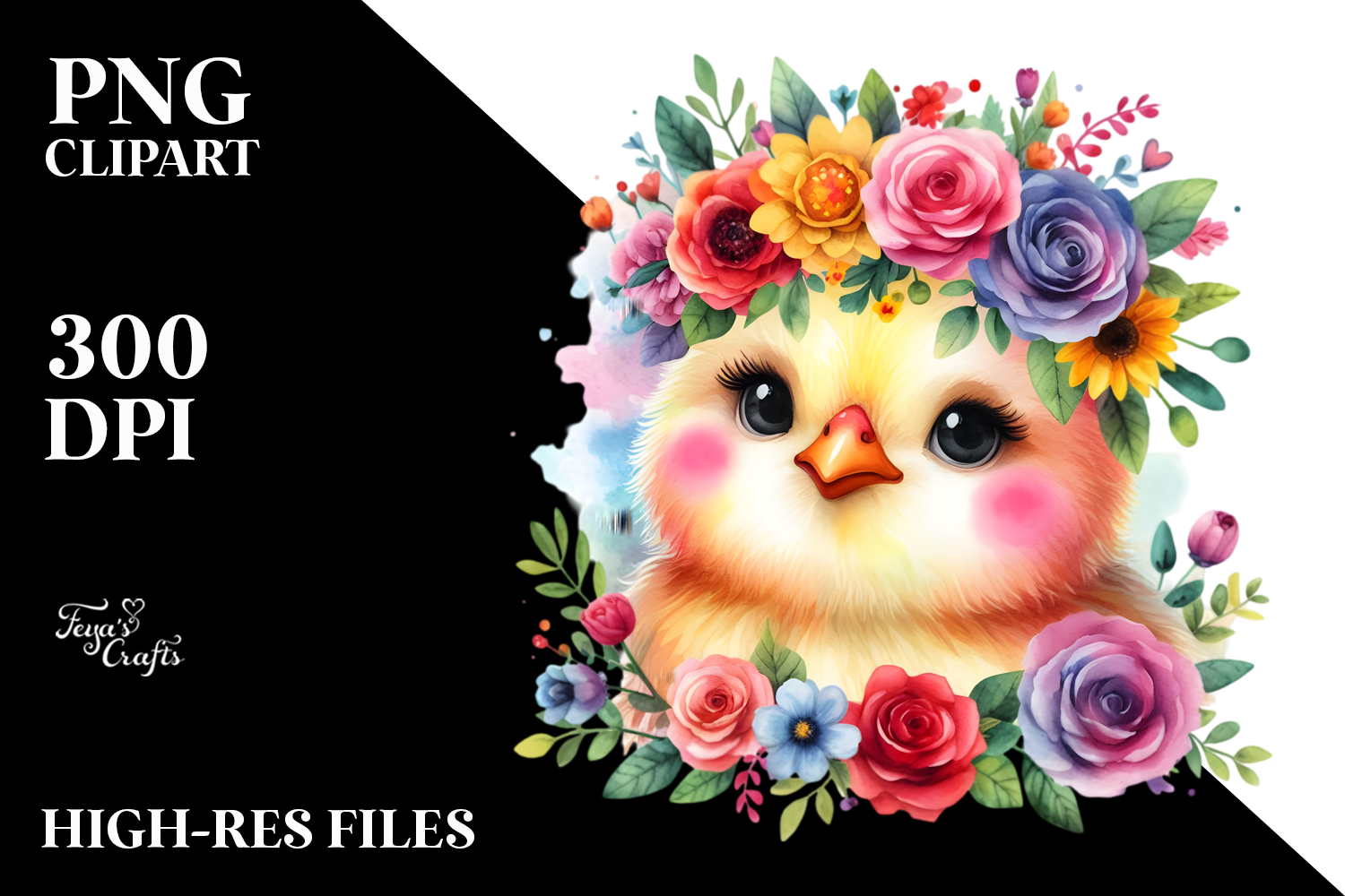 Cartoon-Style Chicken with Flower Crown | Watercolor Clipart product image 1
