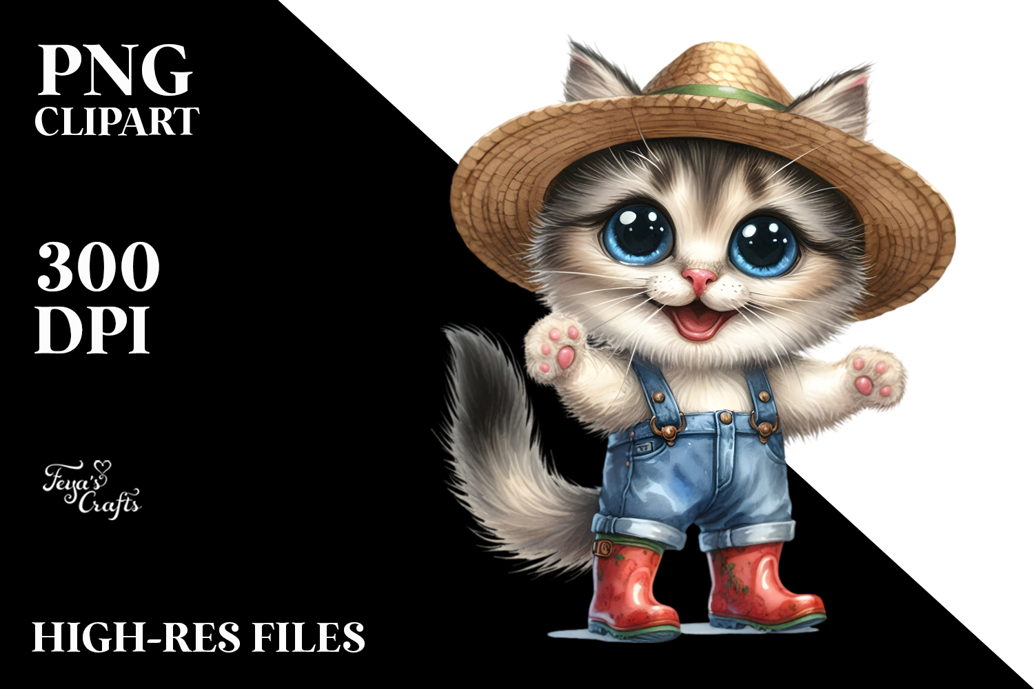 Watercolor Cat Big Eyes Standing Up | Sublimation Clipart product image 1