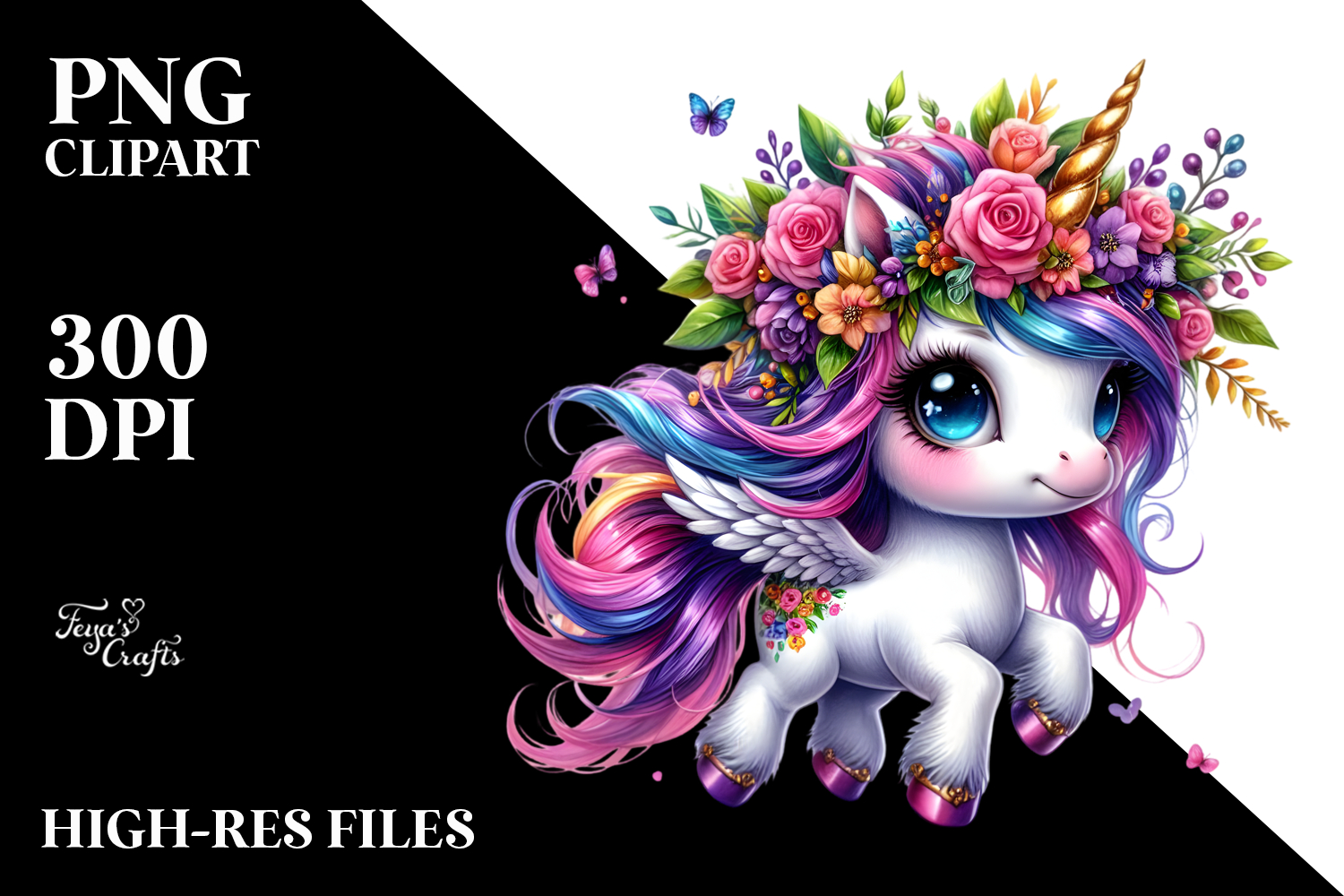 Cute Unicorn Running with Floral Wreath, Transparent PNG product image 1