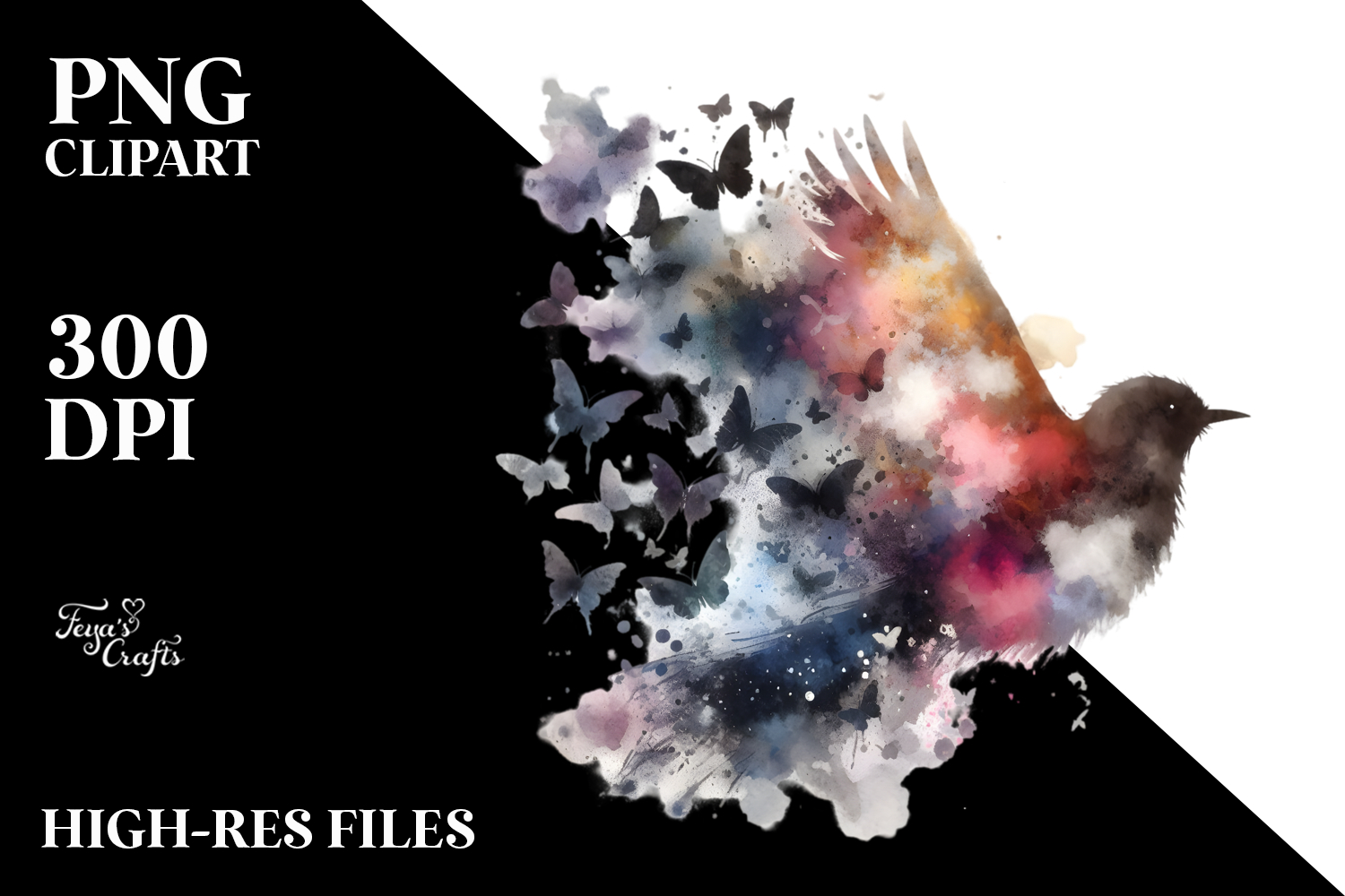 Colorful Bird Painting with Butterfly Silhouettes, PNG product image 1