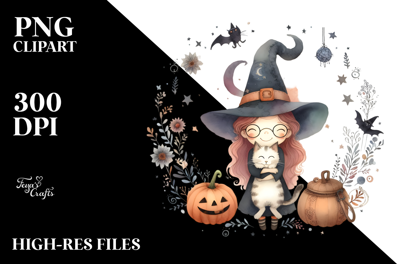 Whimsical Witch with Cat PNG product image 1