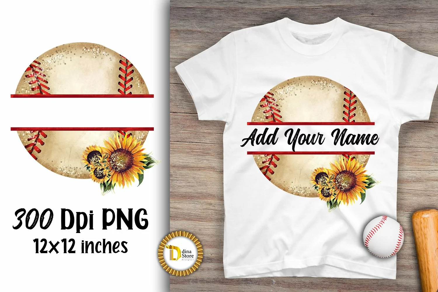 Split Monogram Vintage Baseball with Sunflowers product image 1