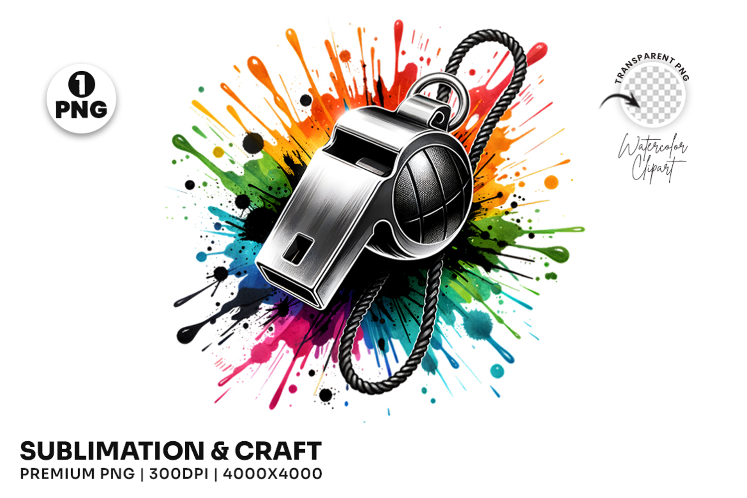 Sports Whistle PNG, Whistle Clipart, Watercolor Whistle, Splash Clipart, Sports Sublimation, Referee Whistle, Football Whistle Art, Game Day Graphic, Sports Equipment PNG, Sports Clipart Design