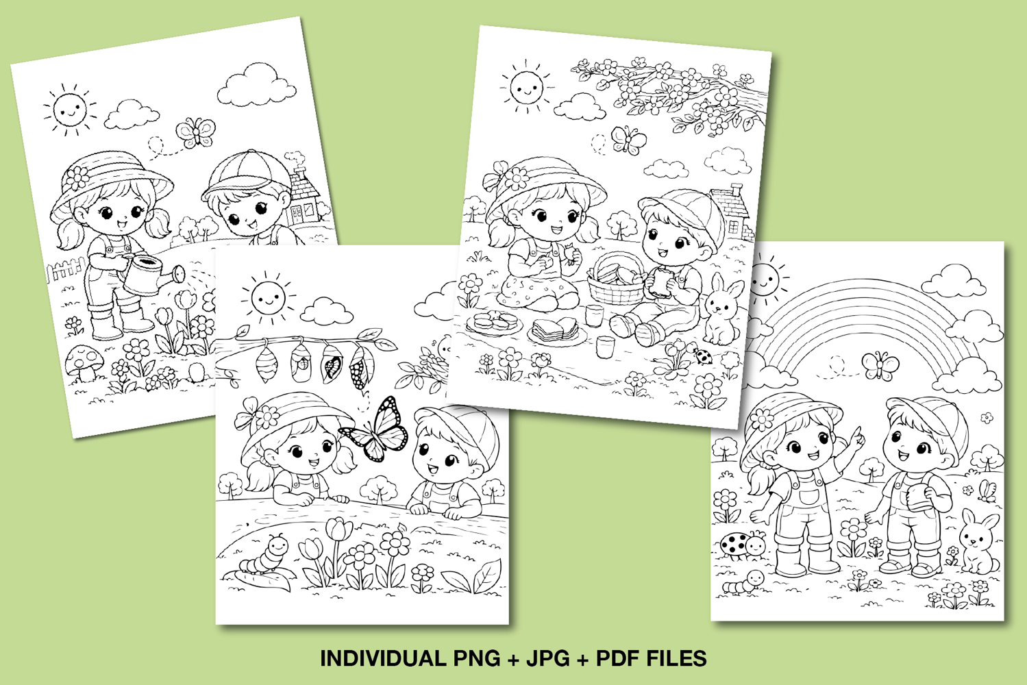 Cute spring coloring pages featuring children gardening, flowers, butterflies, and rainbows for kids’ printable crafts.
