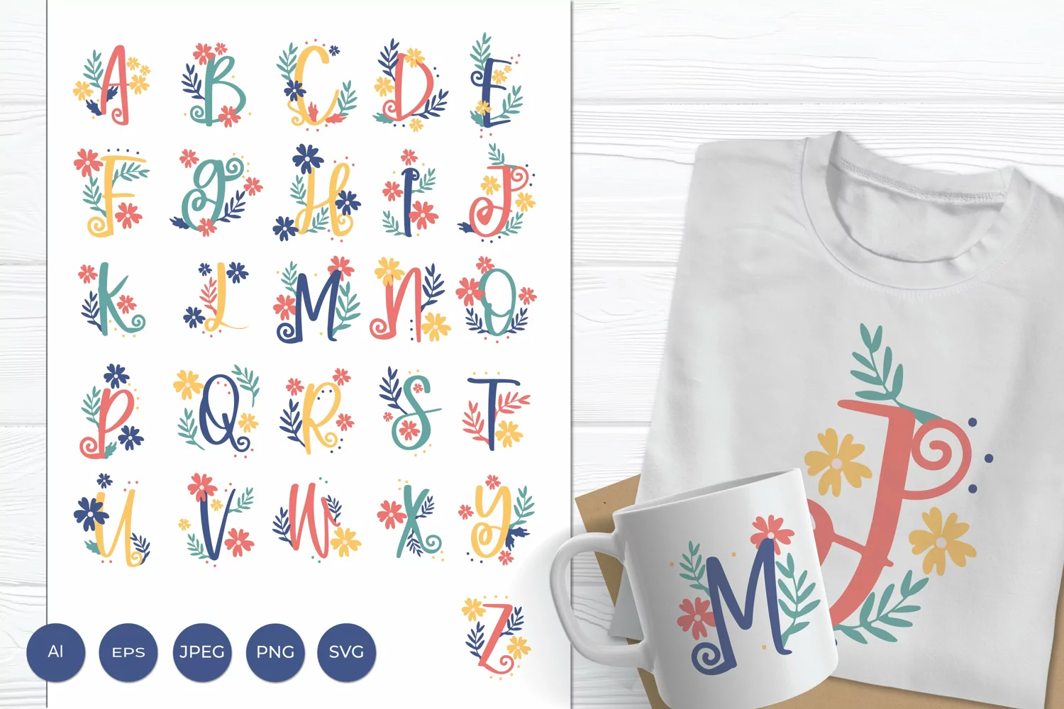 A to Z Alphabet with Colorful Flower and Leaves Monogram Set product image 1