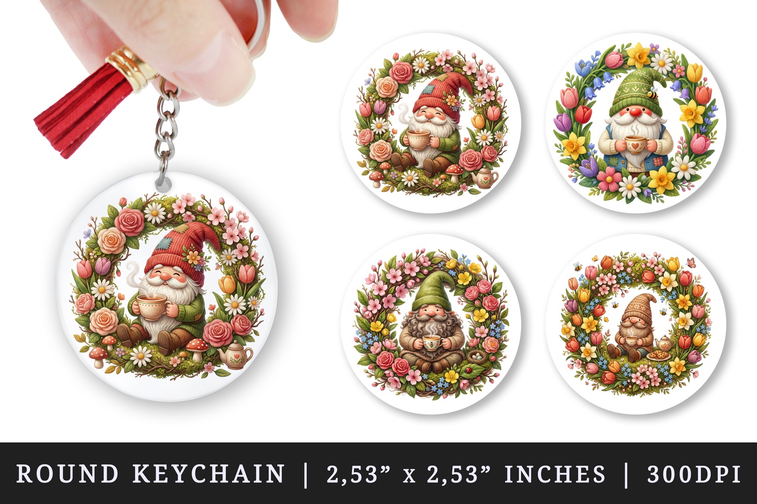 Spring Gnome round keychain pintable sublimation design png product image 1