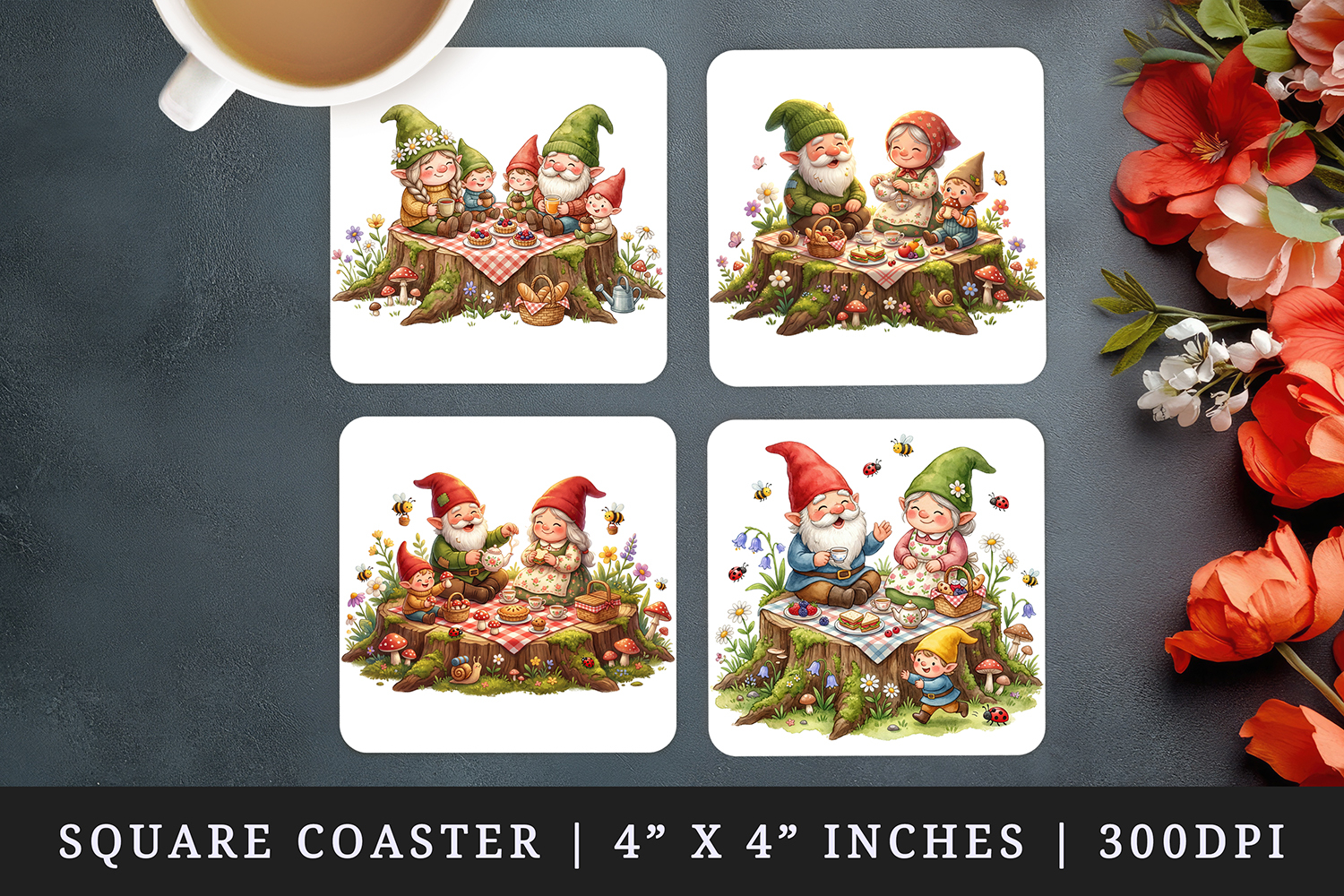 Spring Gnome square coaster sublimation, coasters design product image 1