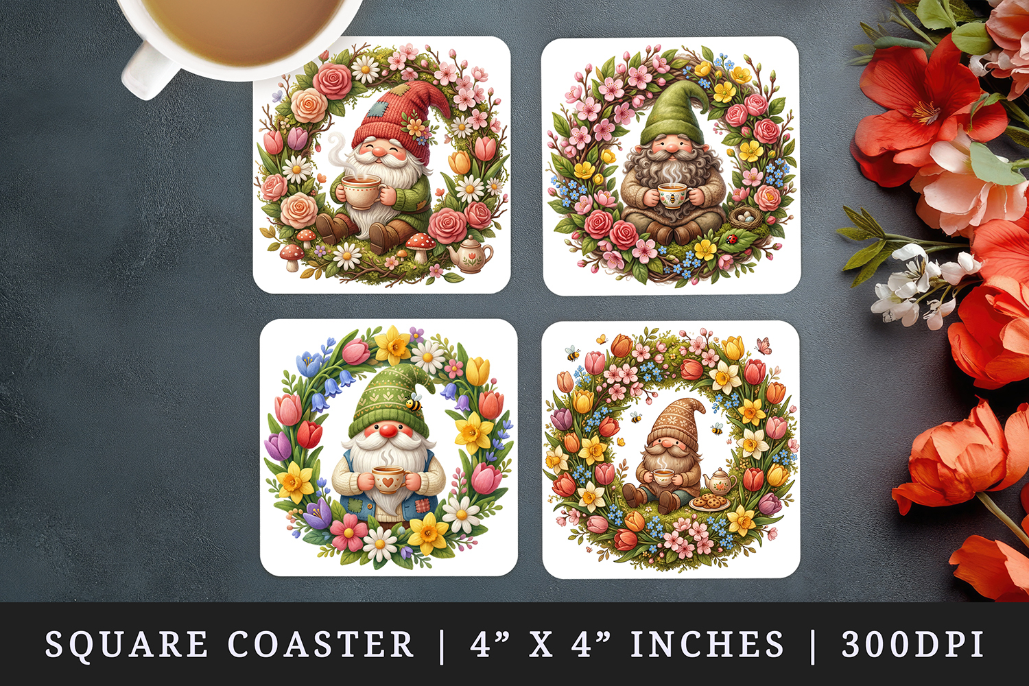 Spring Gnome square coaster sublimation, coasters design product image 1