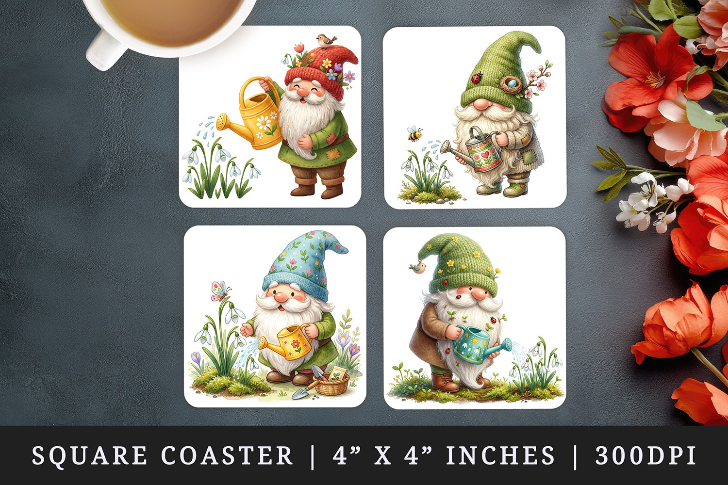Spring Gnome square coaster sublimation, coasters design product image 1