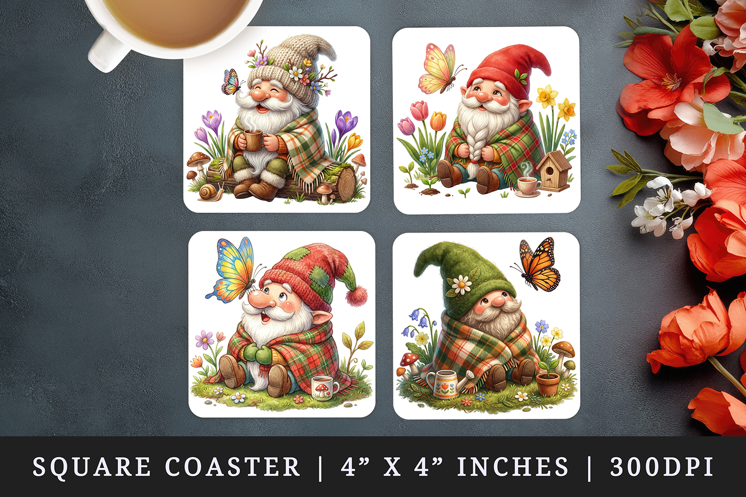 Spring Gnome square coaster sublimation, coasters design product image 1