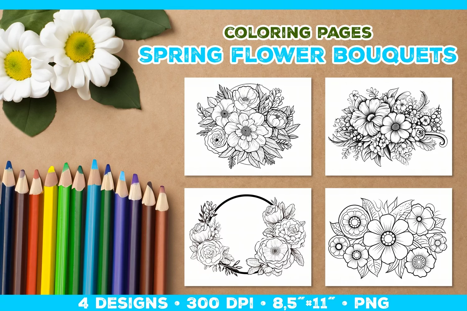 Spring floral bouquet coloring pages. Kids coloring books product image 1