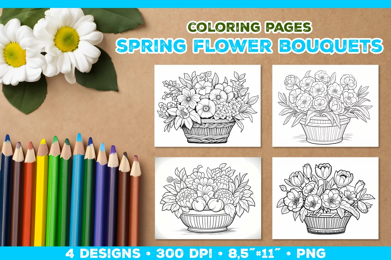 Spring floral bouquet coloring pages. Kids coloring books product image 1