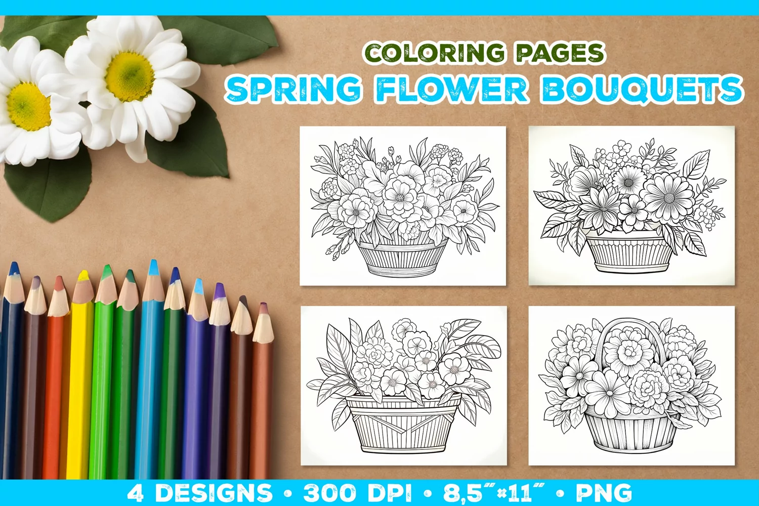 Spring floral bouquet coloring pages. Kids coloring books product image 1