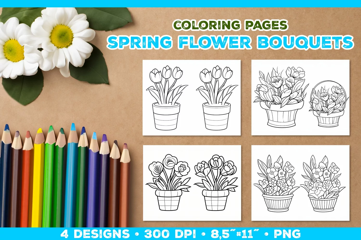 Spring floral bouquet coloring pages. Kids coloring books product image 1