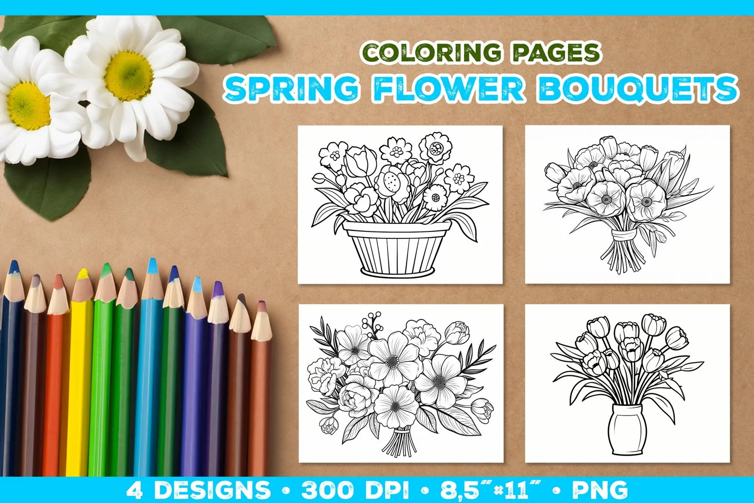 Spring floral bouquet coloring pages. Kids coloring books product image 1