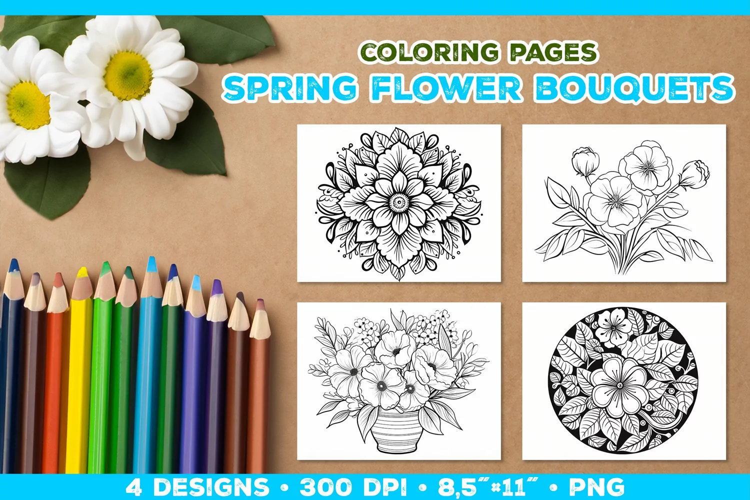 Spring floral bouquet coloring pages. Kids coloring books product image 1