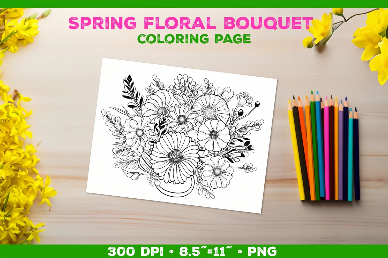 Spring floral bouquet coloring page. Kids coloring book product image 1