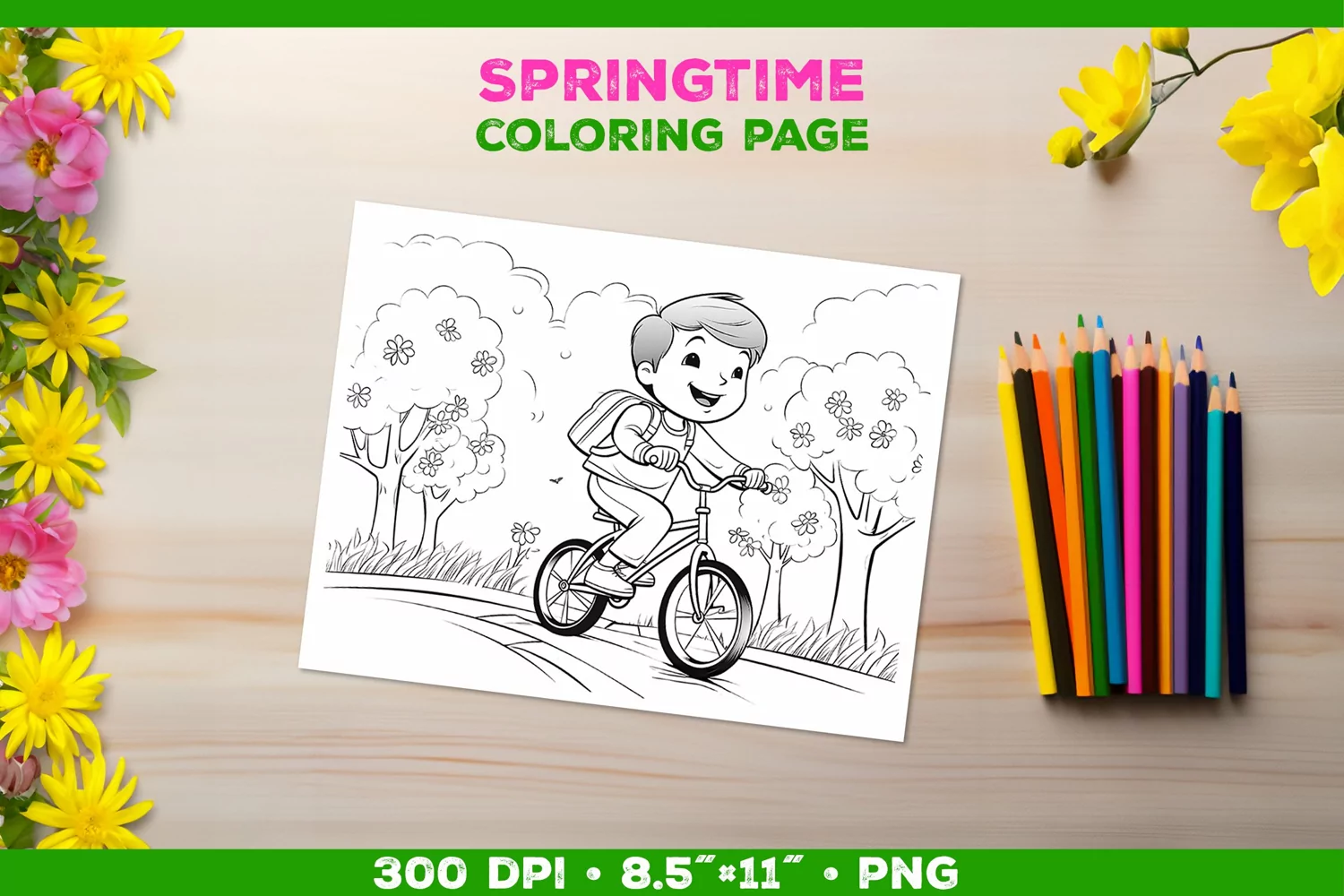 Coloring page for children with a smiling boy on a bicycle product image 1