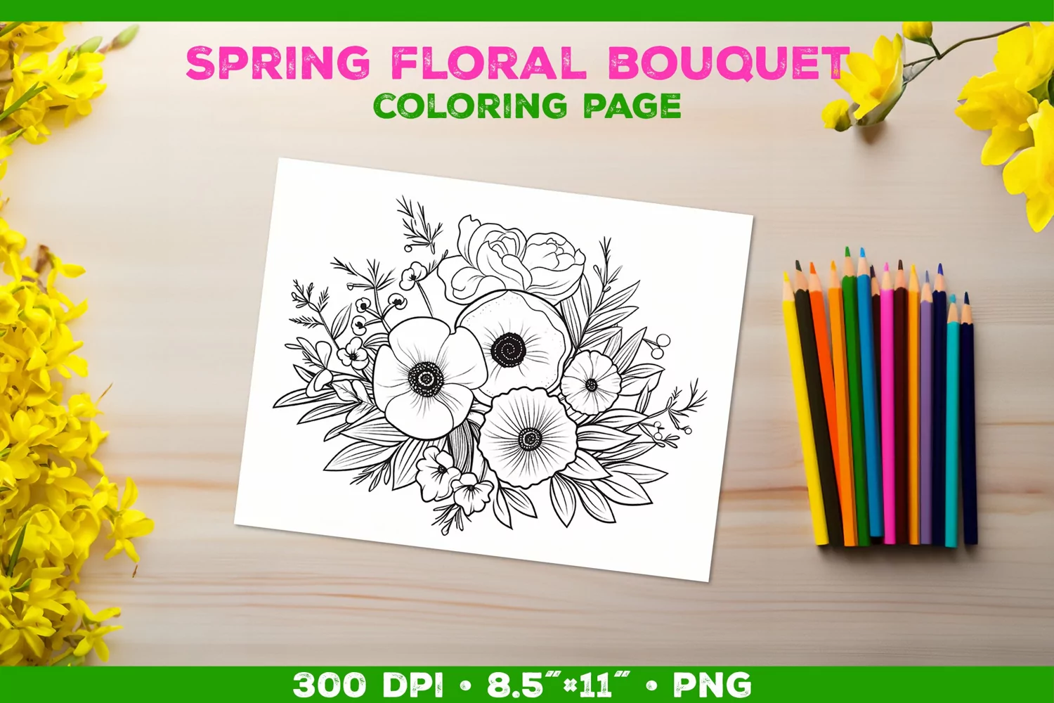 Spring floral bouquet coloring page. Kids coloring book product image 1