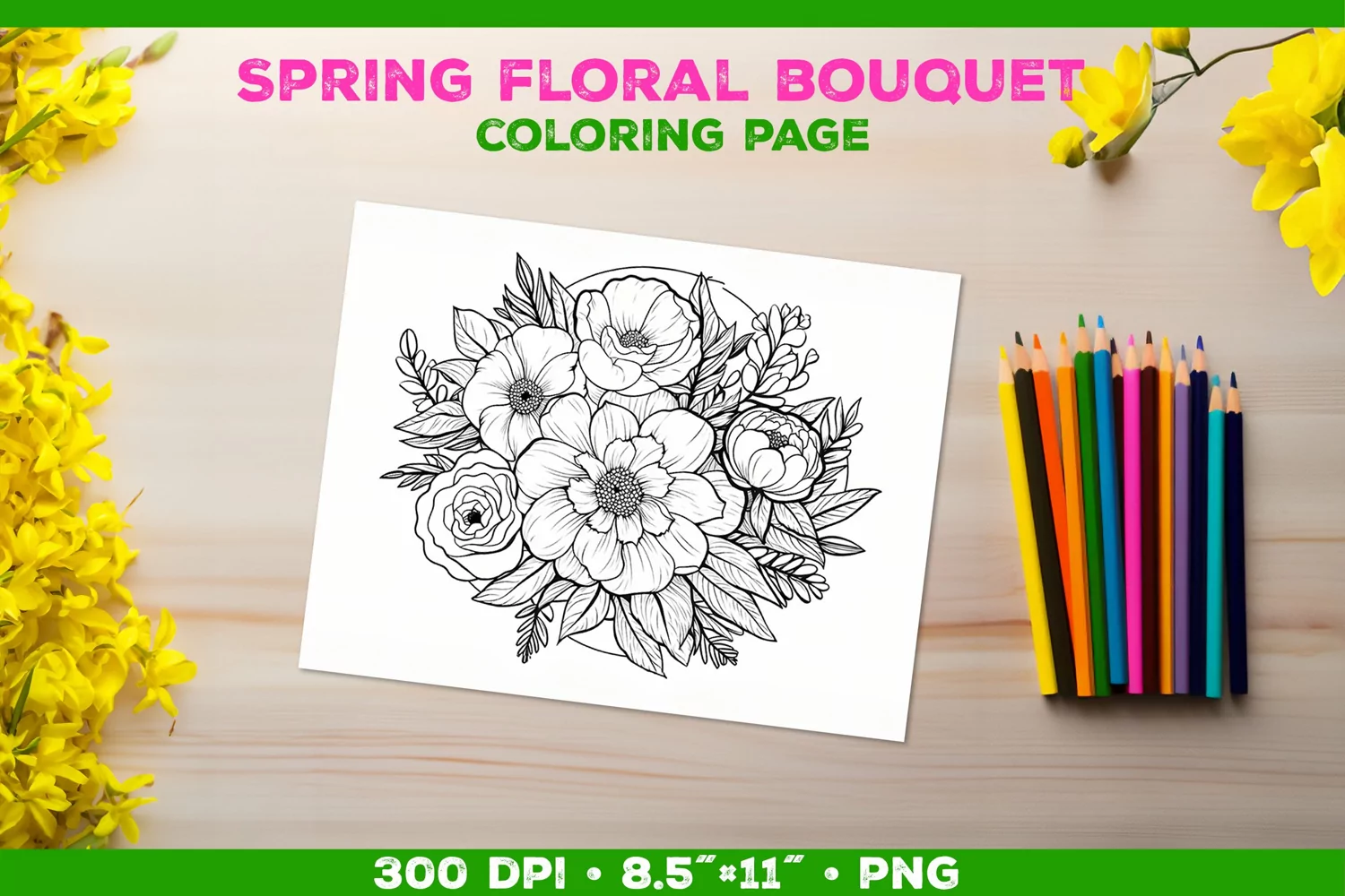 Spring floral bouquet coloring page. Kids coloring book product image 1
