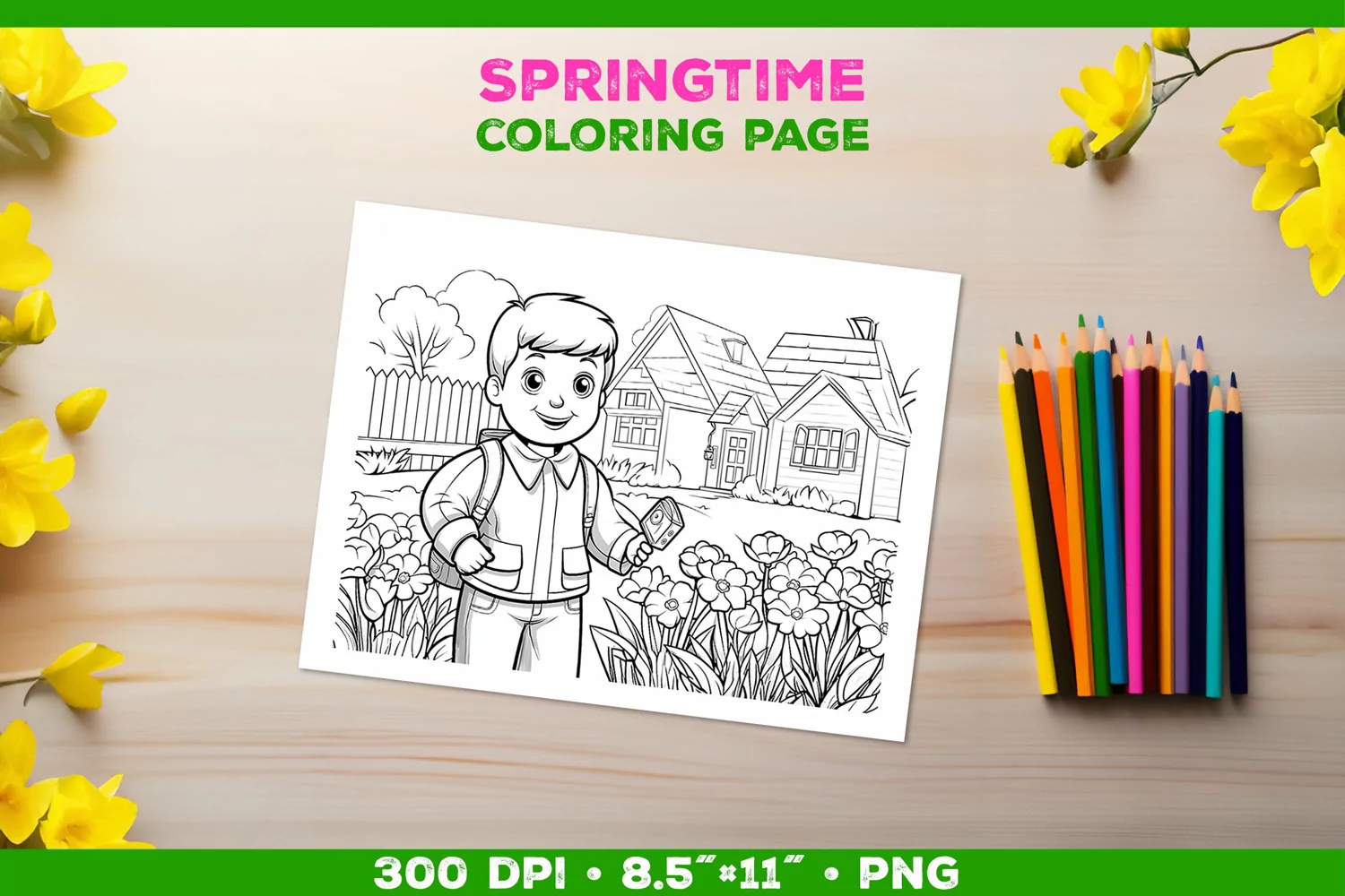 Springtime Garden Fun: Coloring Page with Boy Tending Garden product image 1