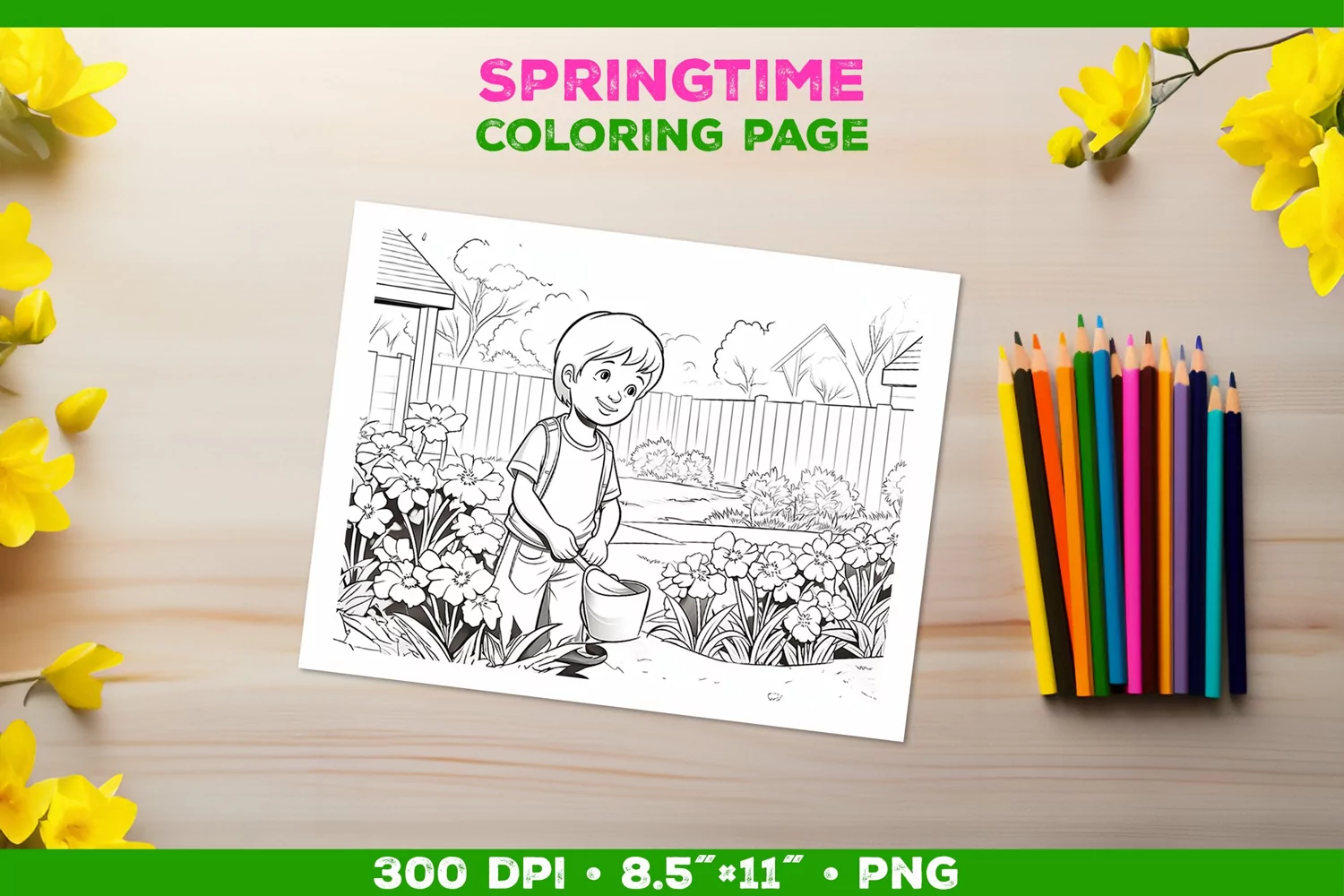 Springtime Garden Fun: Coloring Page with Boy Tending Garden product image 1