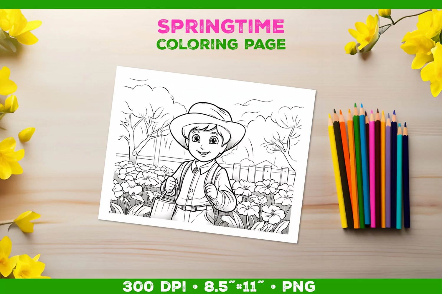 Springtime Garden Fun: Coloring Page with Boy Tending Garden product image 1